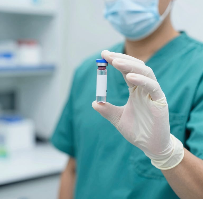 Close-up of a clinical professional in a teal uniform holding a sterile sample vial in a brightly lit, clean laboratory setting, sharp focus, 35mm