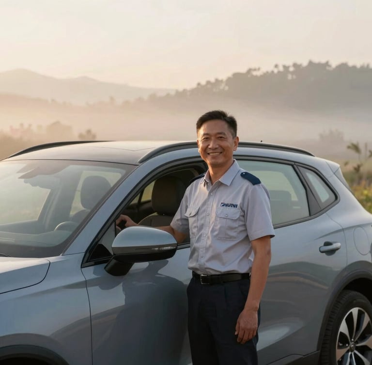 Medium shot of a professional local driver in a clean uniform smiling warmly next to a modern SUV, soft morning mist in the background, warm natural lighting.
