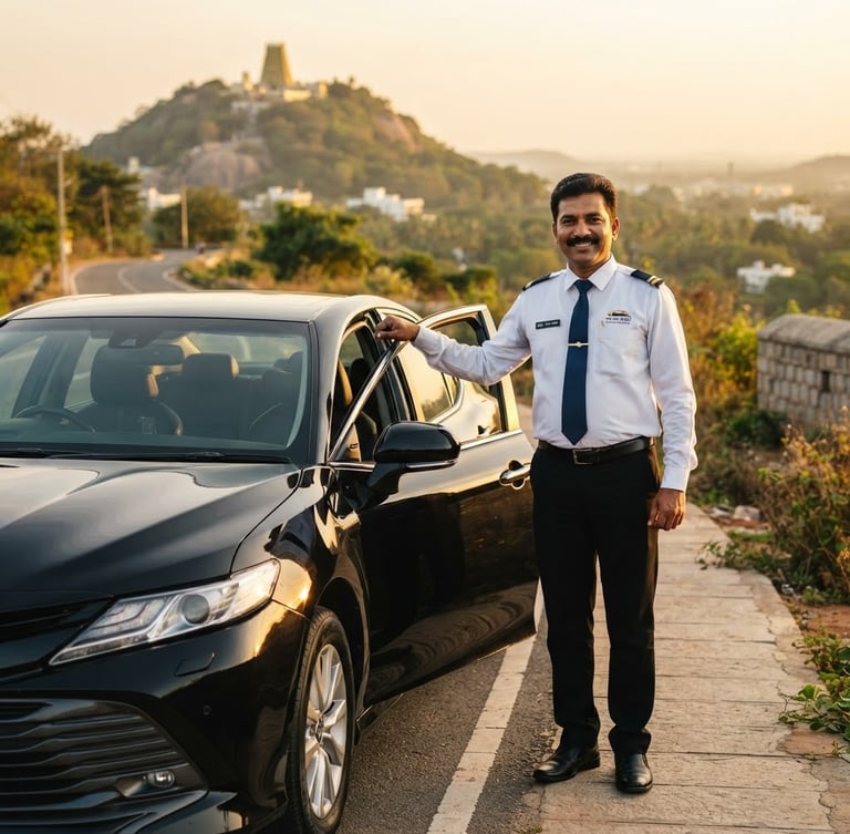 A professional local driver in a clean uniform standing next to a modern sedan, warm golden-hour light reflecting off the polished car, scenic Chamundi Hill in the soft-focus background.
