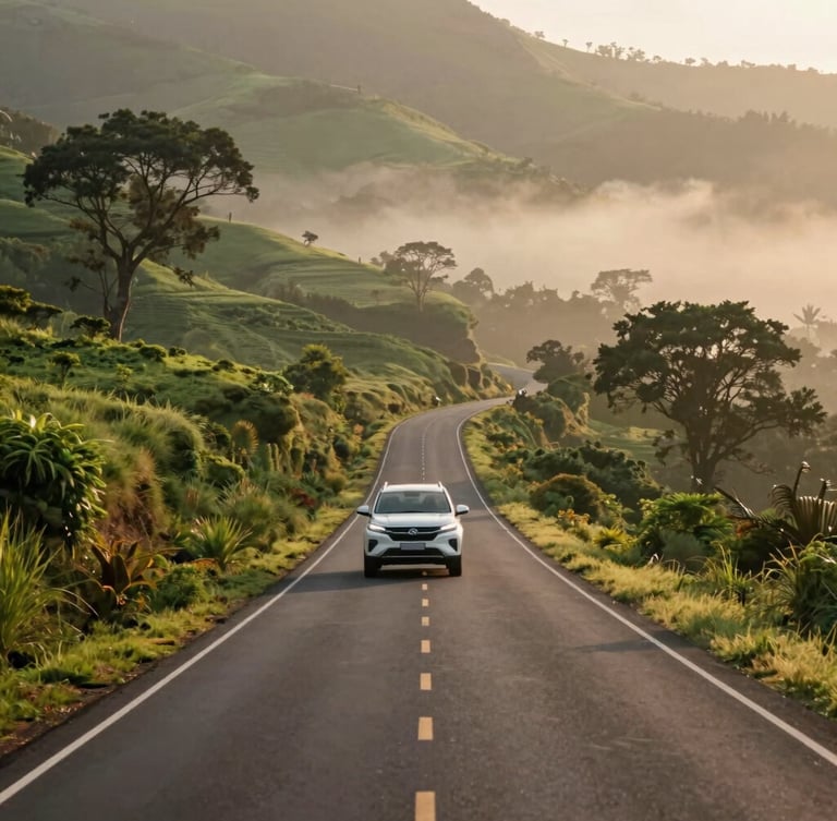 Wide environmental shot of a quiet, winding road through the lush green Western Ghats during early morning mist, a clean white SUV driving smoothly in the distance.
