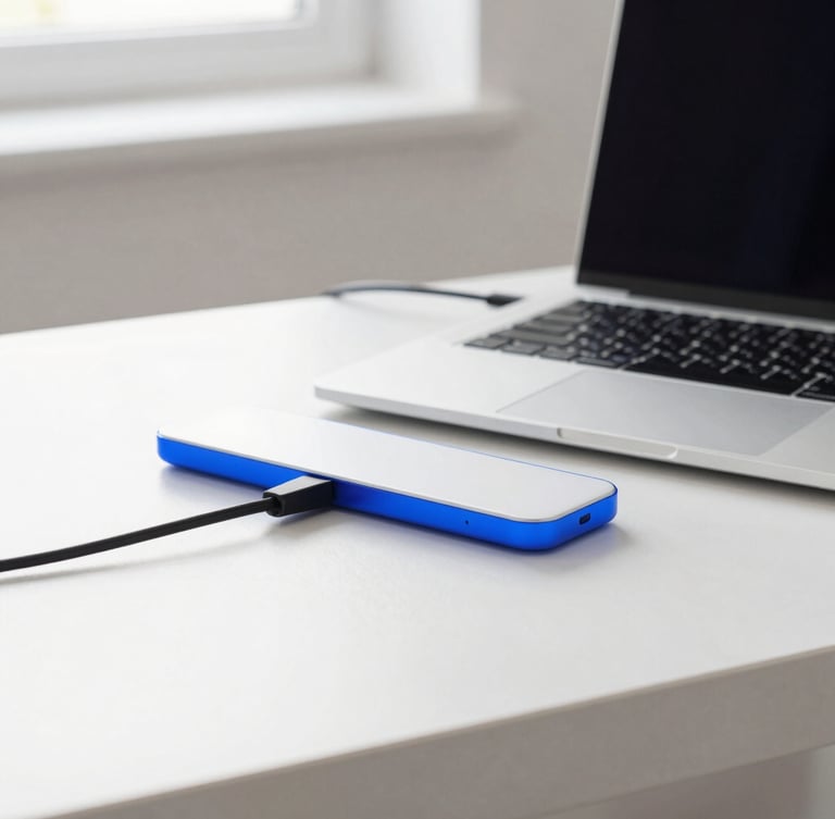 A clean modern home office desk, bright natural daylight, neatly routed cables under a sleek laptop, electric blue accent light, sharp focus, 35mm