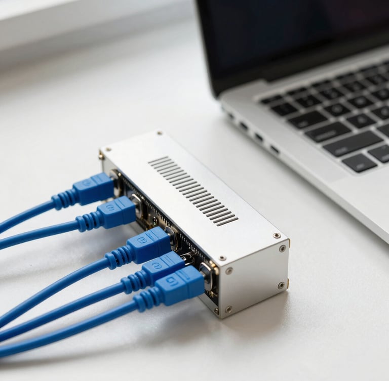Close-up of organized hardware setup with neatly routed blue cables and a sleek laptop on a clean desk, bright natural daylight, sharp focus, 35mm