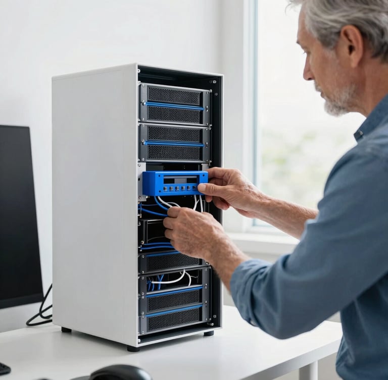 A senior IT technician organizing sleek network equipment in a bright Ontario home office, clean cables, daylight, 35mm