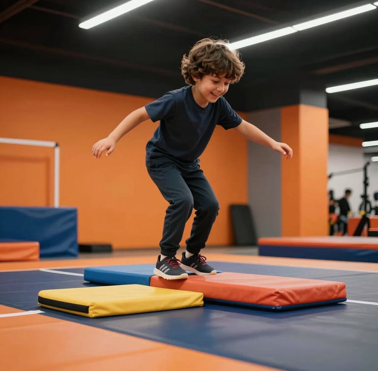 Dynamic sports photography of a young child smiling while balancing on a colorful foam beam in a bright modern training facility, intense orange accents, high-contrast gym lighting, 35mm