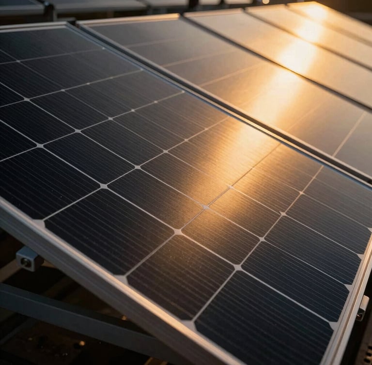 Sharp close-up of high-performance monocrystalline solar panels reflecting a dramatic golden sunset sky, clean metallic grid lines, professional industrial setting, 35mm photography.