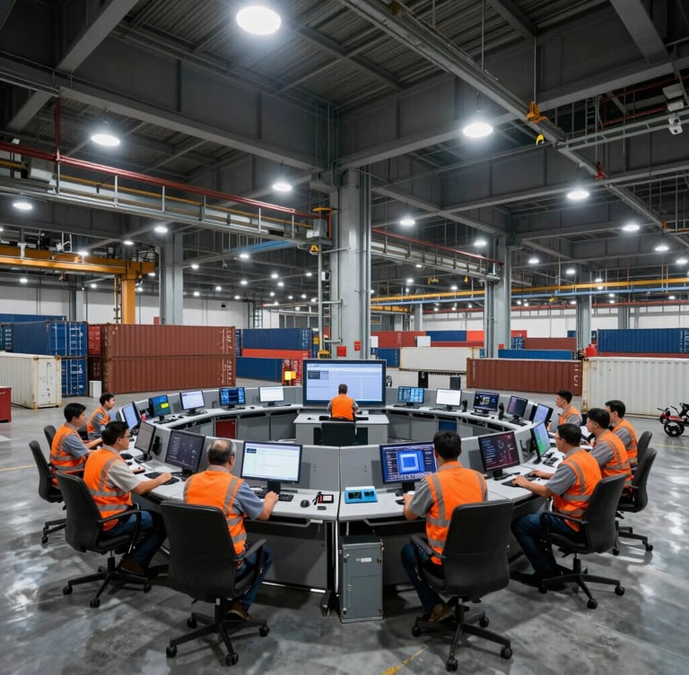 Logistics operations managers in a modern control room overlooking a Karachi container terminal, high-contrast industrial lighting.