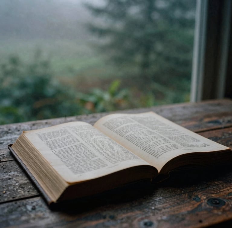 A close-up of worn scriptures open on a rustic wooden table, soft morning fog filtering through a distant window, moody atmospheric photography, desaturated forest greens, 35mm film grain