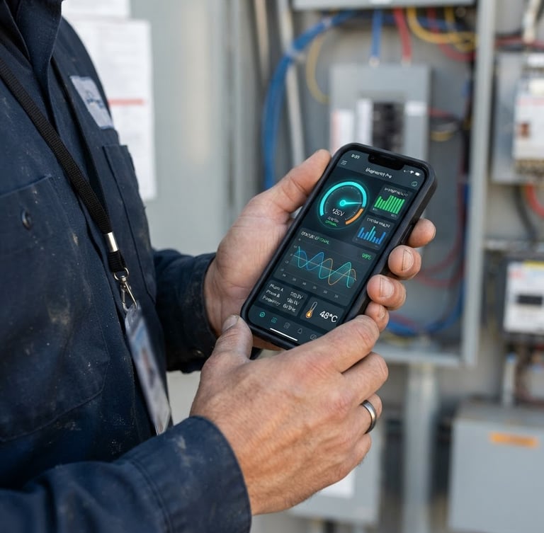 Close-up of a professional electrician holding a smartphone showing a clean diagnostic dashboard interface, bright daylight, 35mm