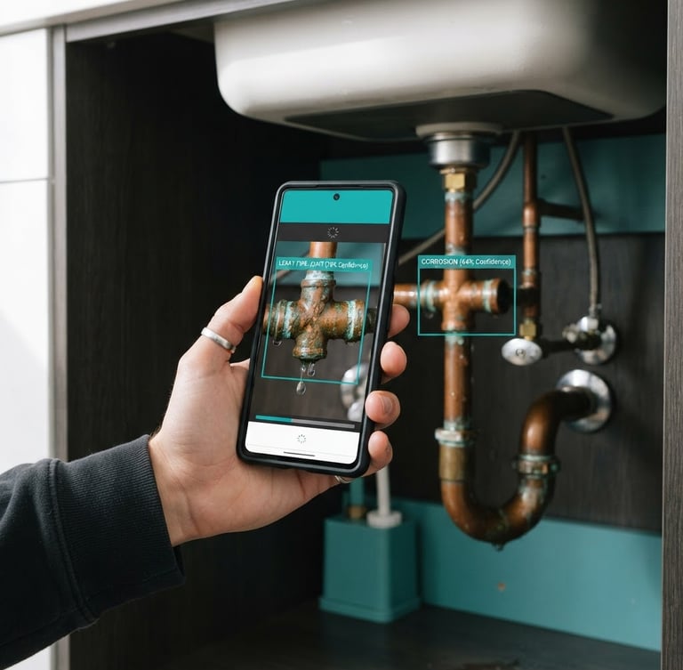 Close-up of a hand holding a smartphone scanning a leaky copper pipe under a kitchen sink, browser interface overlay showing real-time AI bounding boxes, sharp editorial photography, bright natural daylight, clean teal accents, 35mm