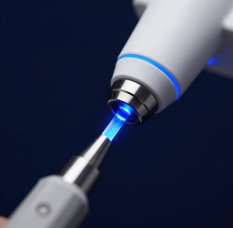 Macro close-up of a precision laser dental tool emitting a cool blue light guide inside a clinical environment, high-contrast dark navy background