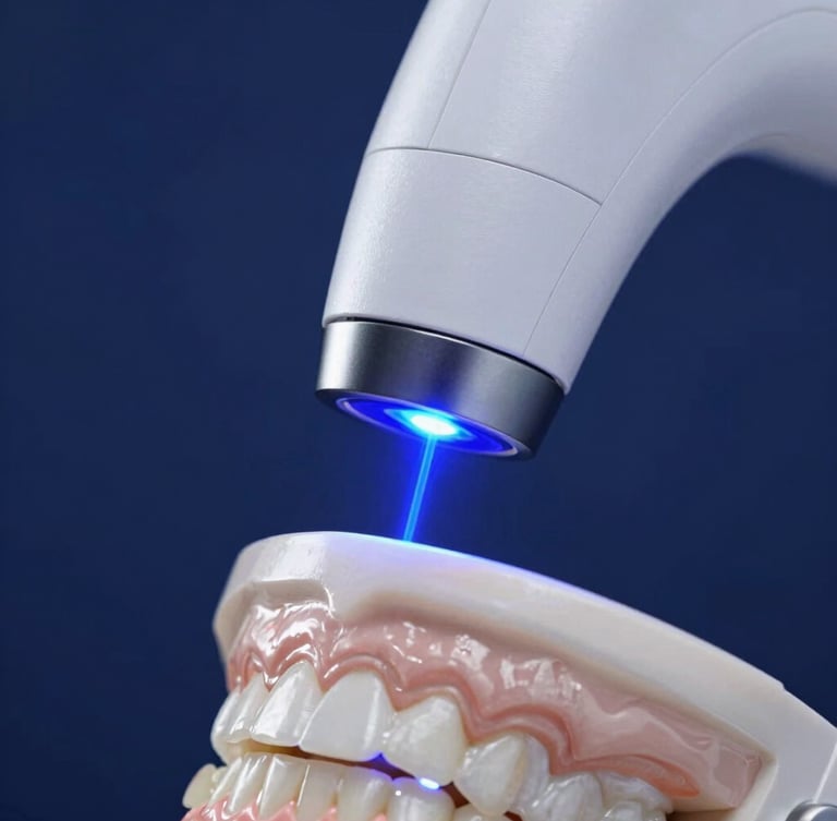Macro close-up of a high-tech dental 3D scanner head emitting an electric blue laser grid over a clean clinical model, high-contrast navy background, clinical-tech aesthetic