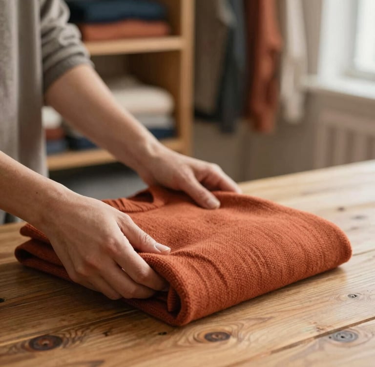 Warm natural overcast light, hands carefully folding a clean terracotta-colored knit sweater on a rustic wooden table, soft focus background of organized clothing shelves