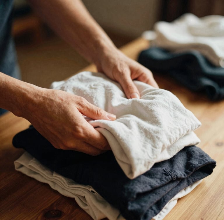 Portrait-oriented warm editorial photograph of hands carefully folding clean, donated clothes, soft overcast daylight, rich authentic tones, shallow depth of field, 35mm, emphasizing hands-on work and care, subject slightly off-center.