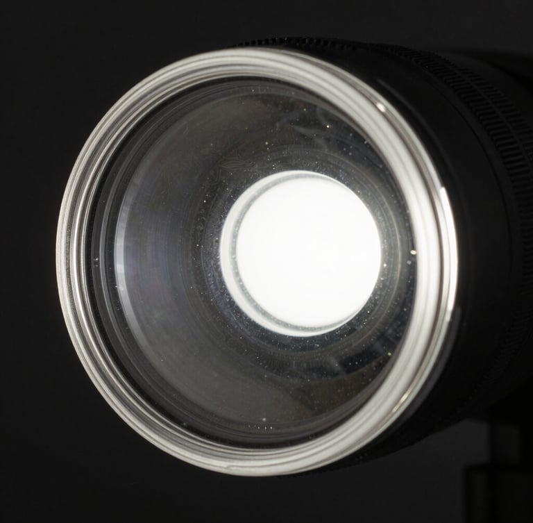 Dramatisches, kontrastreiches Makrofoto von geschliffenem Prismenglas, das einen hellen weißen Lichtstrahl in ein tiefschwarzes Studio bricht, extreme Schärfe.