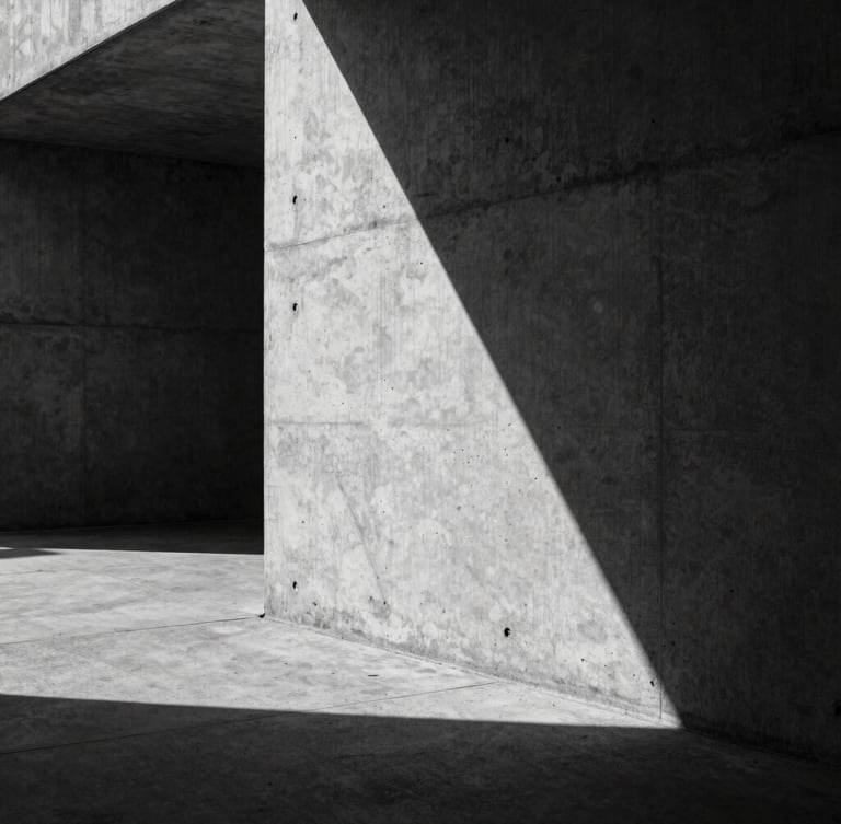 Cinematic architectural concrete texture in Berlin, sharp geometric shadows, high-contrast black and white, dramatic lighting, empty space on the left.