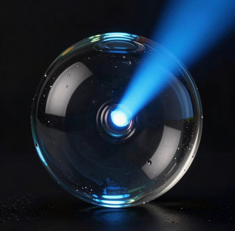 Extreme close-up of a dark, highly reflective 3D glass sculpture refracting a sharp beam of electric blue light, deep obsidian background, cinematic lighting, macro photography.