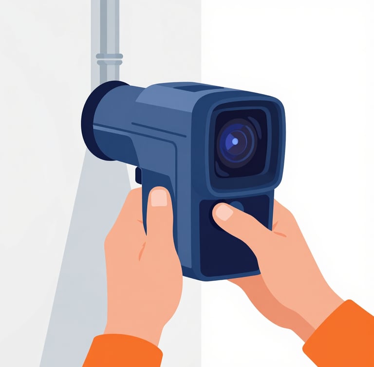 Tight macro shot of hands operating a thermal imaging camera, focusing on a pipe behind a clean drywall surface, crisp technical studio lighting, bold technical blue and safety orange elements, clean vector illustration style.