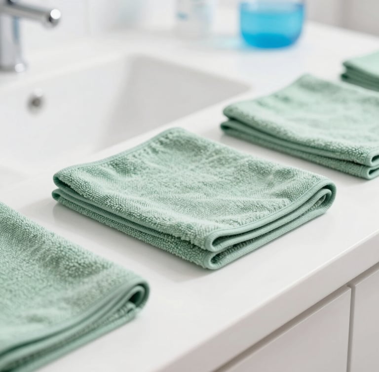 Close-up of professional cleaning tools, neatly folded sage green microfiber cloths on a pristine white counter, bright daylight, clinical clean focus.