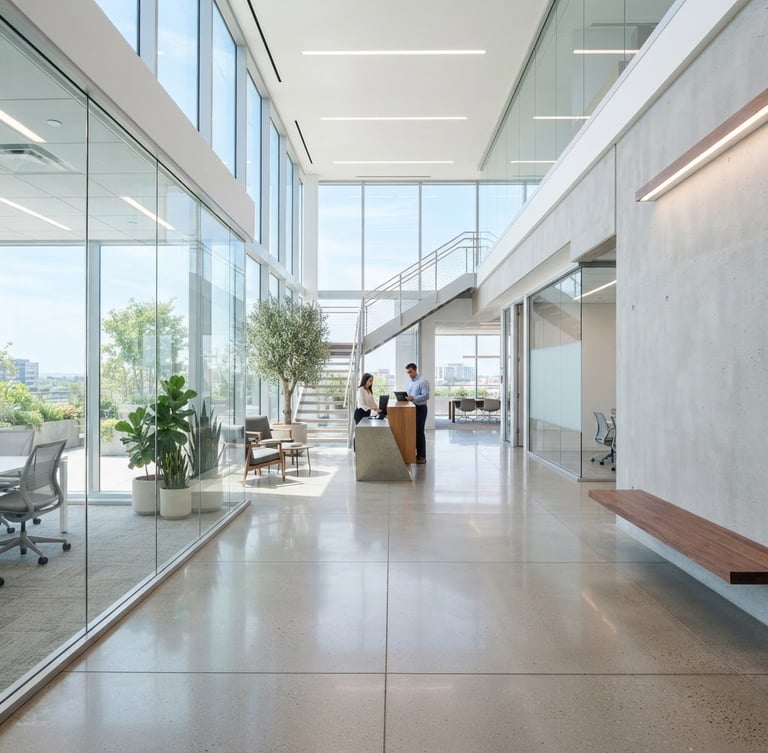 Straight-on architectural photograph of a bright, sunlit modern office lobby, pristine glass partitions, clean polished concrete floors, high-key natural daylight