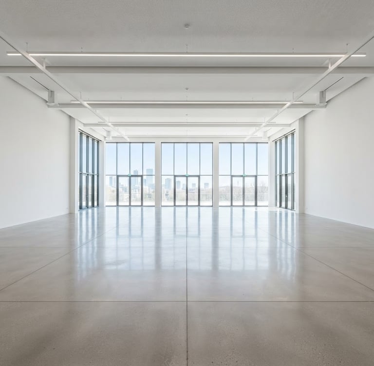 Straight-on architectural shot of a bright, empty modern event hall with polished concrete floors reflecting high-key natural daylight, minimalist white walls.