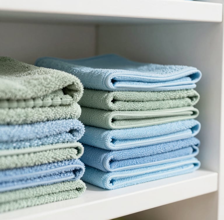 Macro close-up of neatly folded, clean sage green and soft blue microfiber cloths stacked on a pristine white shelf, bright natural daylight, sharp focus