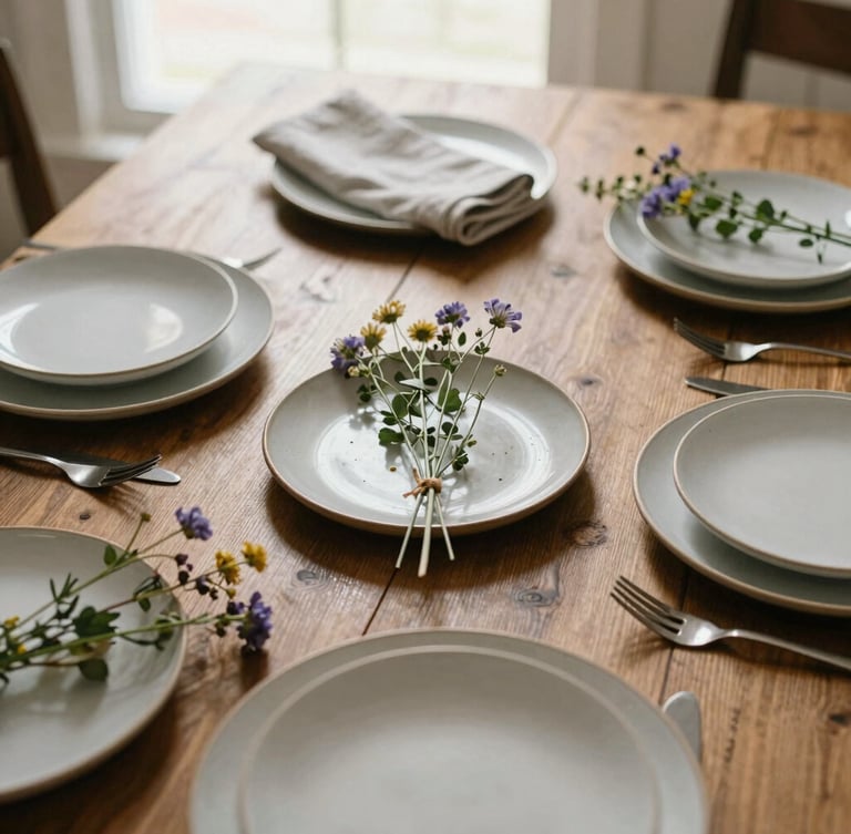Overhead flat lay of a beautifully styled wooden table with ceramic plates, linen napkins, and wild flowers, soft natural window light
