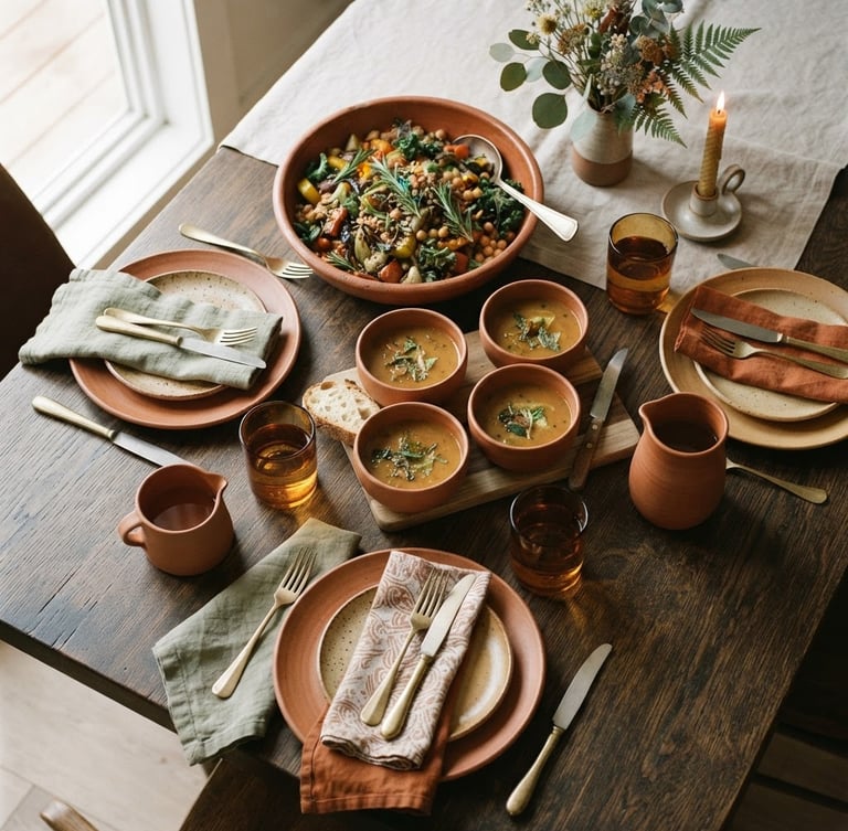 Overhead flat lay of a beautifully styled dining table, soft natural window light, linen napkins, textured ceramic plates, earthy terracotta tones, 35mm photography