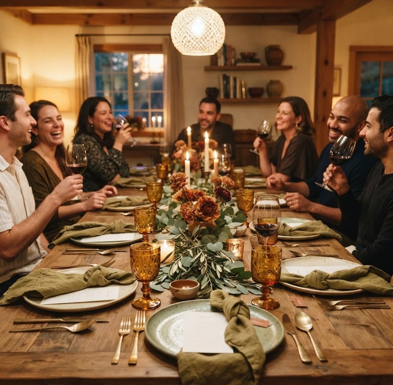 Wide shot of an inviting dining table set for a dinner party, warm evening ambient light, beautifully styled tablescape with ceramic plates and linen napkins, rich earthy tones, 35mm warm editorial photography.