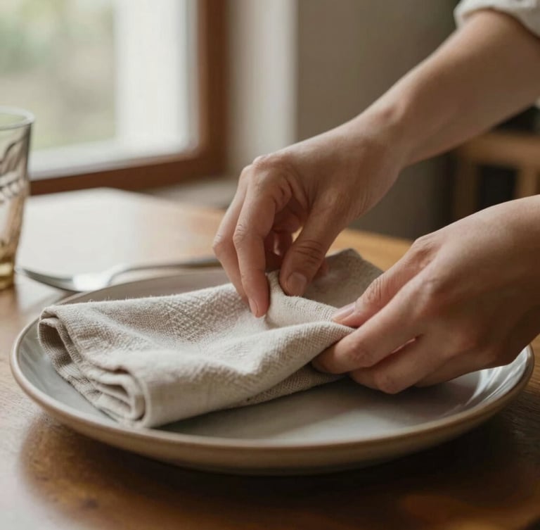 Close-up of hands gently arranging a linen napkin on a textured ceramic plate, soft diffused natural window light, warm dining room background, shallow depth of field, 35mm editorial style.