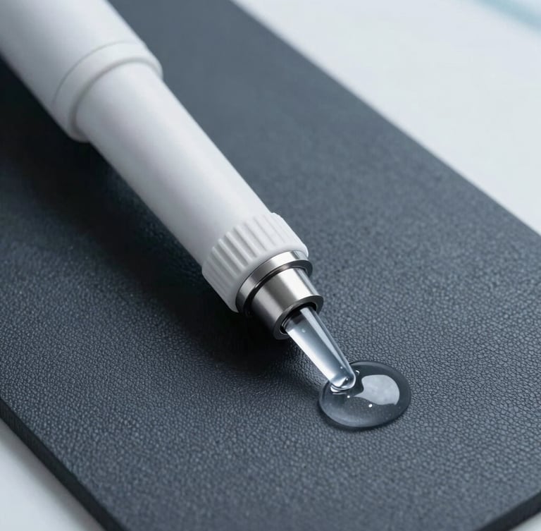 High-detail macro shot of a clinical extraction nozzle pulling pressurized water from a textured black vinyl athletic mat, sterile ultraviolet lighting, sharp commercial photography.