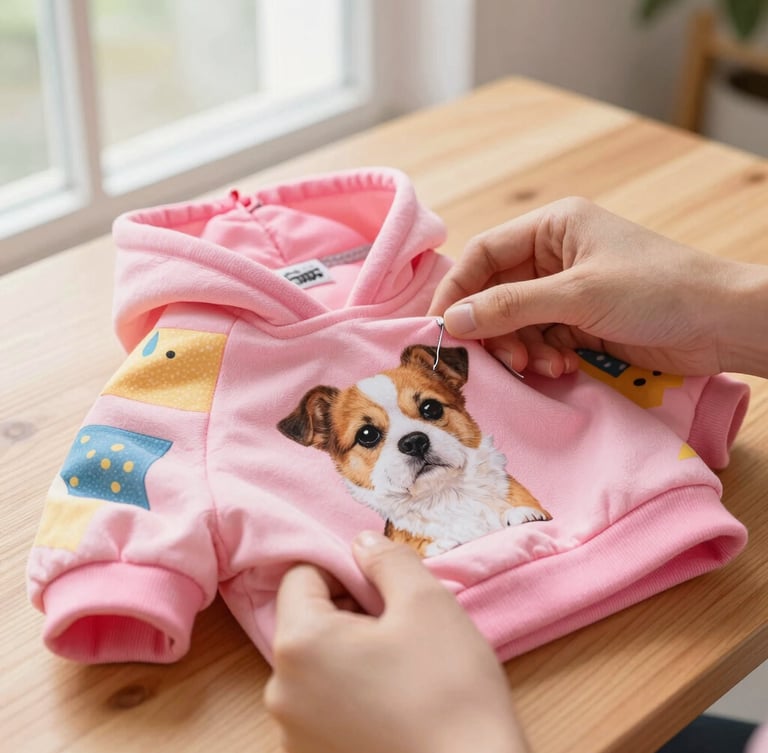 Close-up of hands sewing a colorful pink pet hoodie on a wooden table, soft natural window light, detailed fabric texture