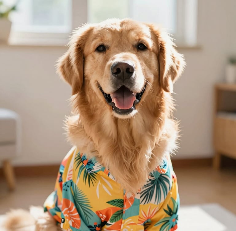 A comfortable, happy golden retriever wearing a colorful custom-made tropical shirt, sitting in a bright sunlit room, close-up shot, warm natural daylight