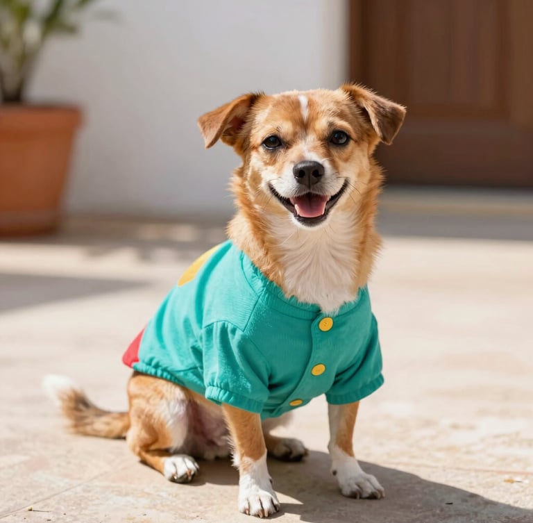 A happy small Mexican dog wearing a colorful handmade teal shirt sitting on a sunny patio, warm daylight, 50mm portrait