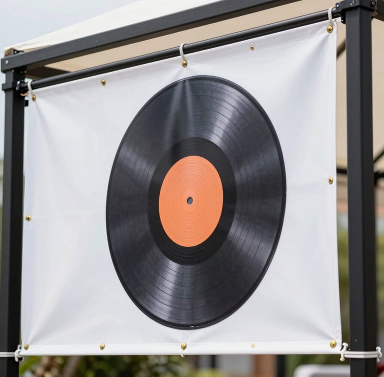 Close-up of a high-resolution vinyl banner with brass grommets tautly tensioned on a black steel gazebo frame, sharp focus on print texture, bright outdoor daylight