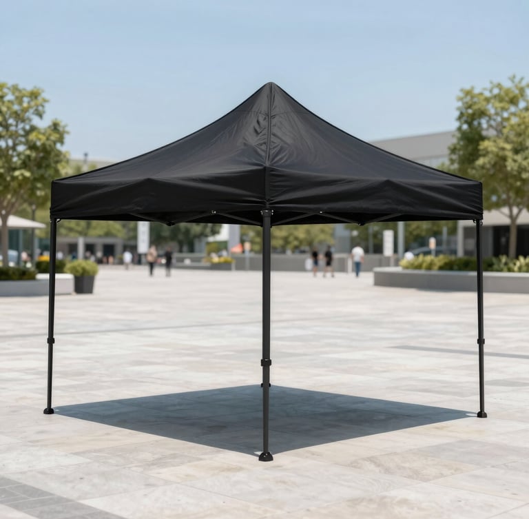 Crisp commercial photography of a clean, taut black 3x3 gazebo tent set up on a bright outdoor plaza, professional event setup, sharp focus, bright daylight.