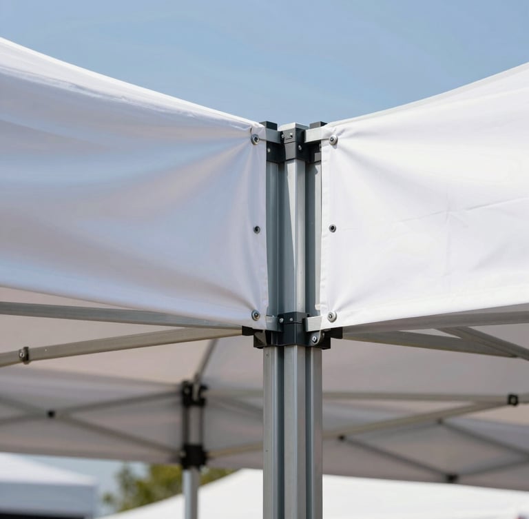 Close-up of a heavy-duty steel gazebo frame connector joint, robust industrial build, with a clean taut printed banner attached with metal grommets, bright daylight.