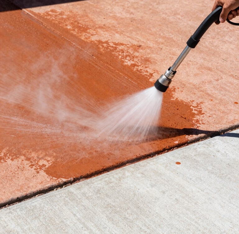 A crisp 35mm action shot of a professional thermal rinse nozzle cleaning a red-clay stained concrete driveway, showing a razor-sharp boundary between dark orange dirt and pristine clean concrete.