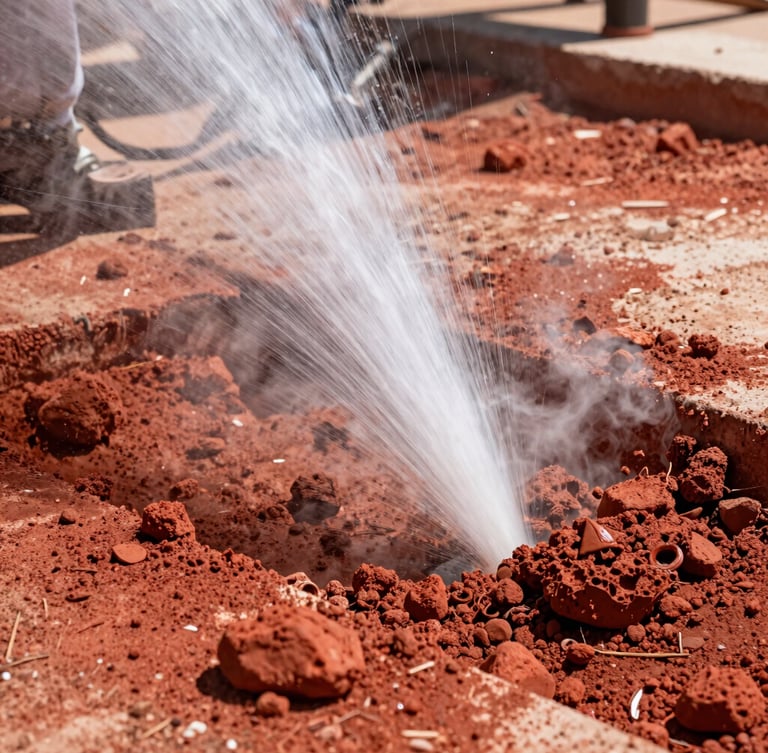 Close-up action shot of a high-pressure hot water stream blasting away thick red dirt from concrete, steam rising, bright desert sunlight, 35mm