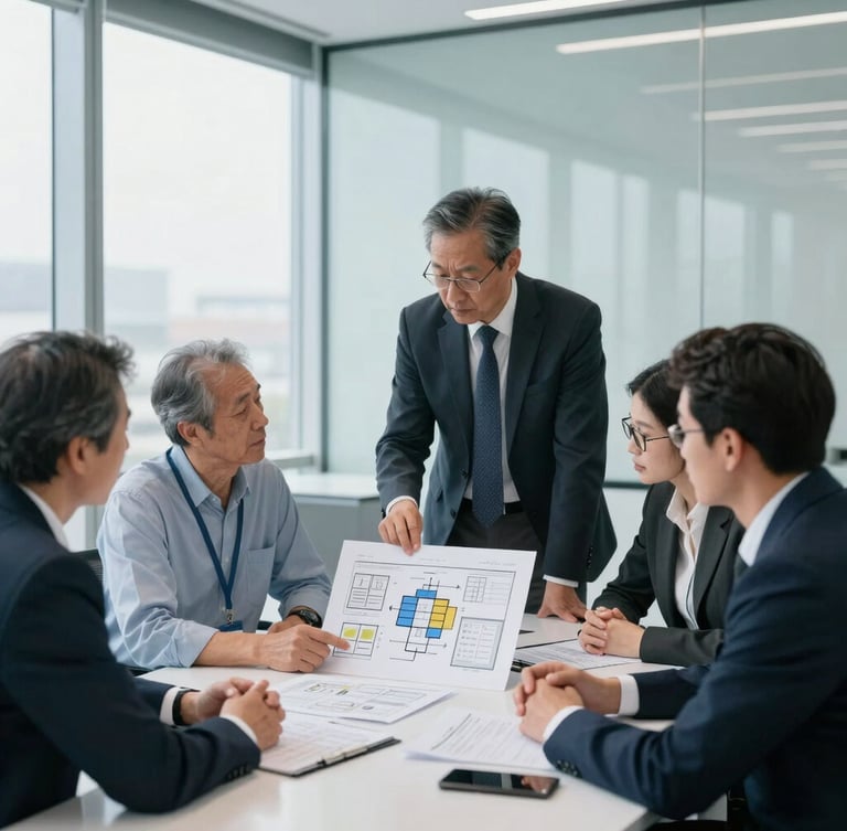 Professional corporate collaborative meeting in a bright boardroom with clean glass walls, focused senior IT experts reviewing system architecture diagrams, cool daylight, 35mm