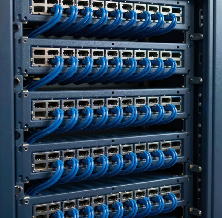 Gros plan architectural de câbles réseau bleus parfaitement alignés dans un rack de serveur d'entreprise, mise au point nette, esthétique technologique épurée.