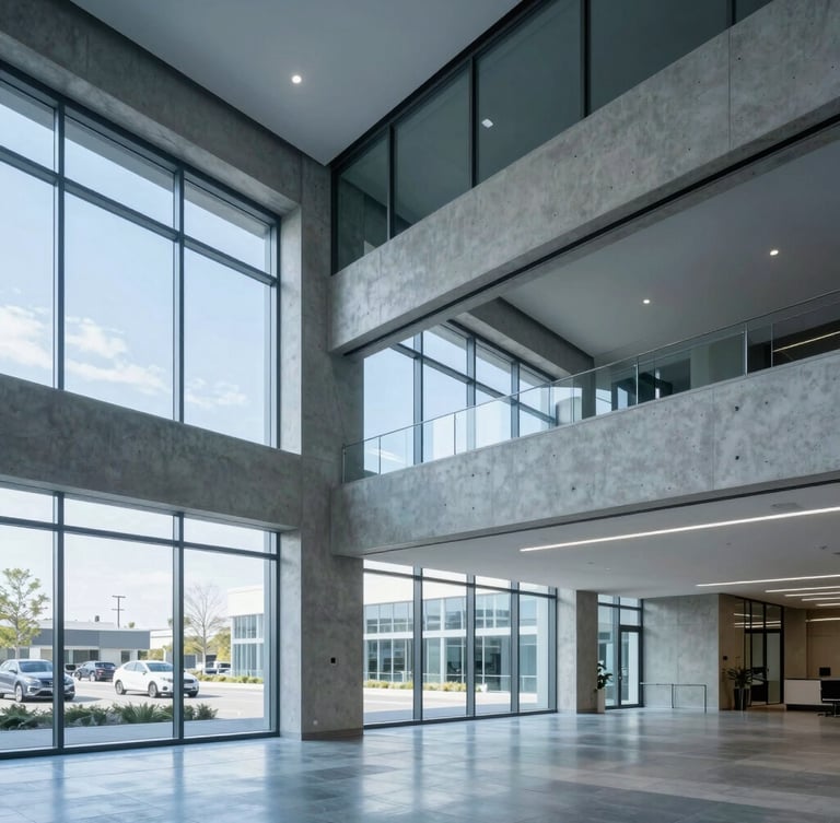 Wide-angle architectural view of a modern Canadian corporate office interior with clean concrete lines, cool blue daylight streaming through large windows