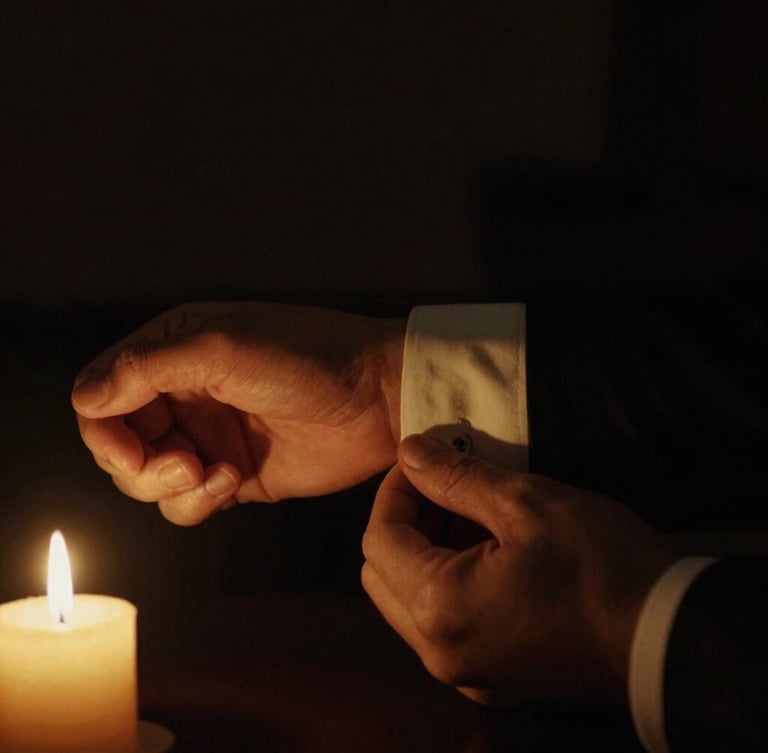 Low-key chiaroscuro close-up of a hand adjusting a tailored cuff in dramatic shadows, warm golden-hour candlelight highlight, cinematic 35mm film.