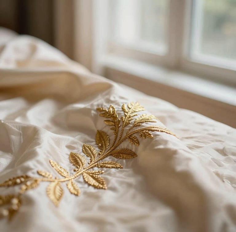 Close-up of intricate gold embroidery on soft champagne silk fabric, warm natural window light, shallow depth of field, 35mm film