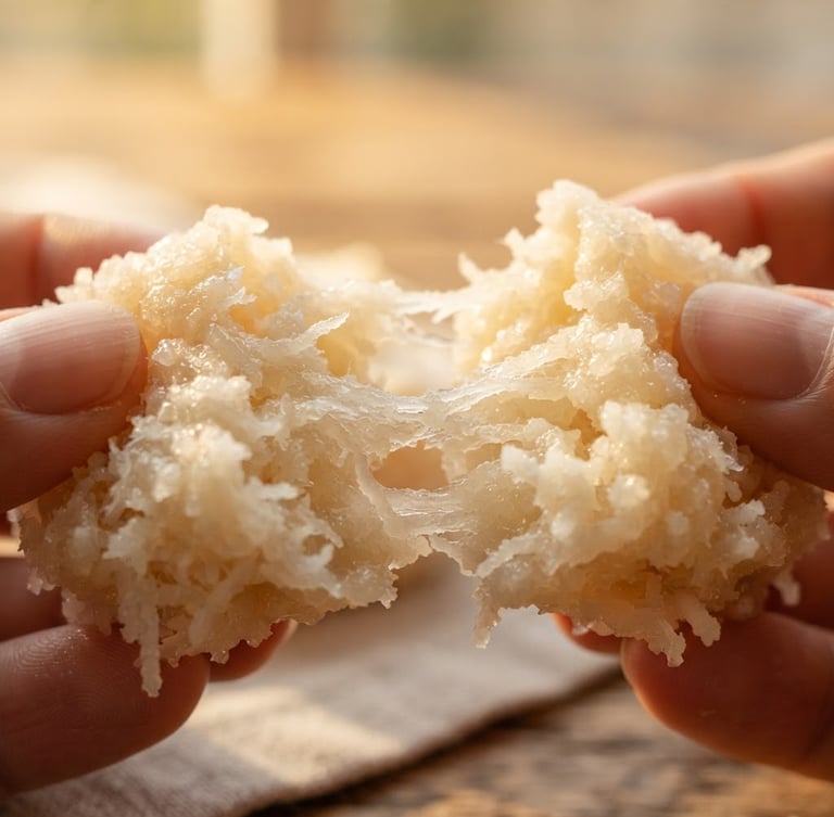 Close-up macro de uma bala de coco gourmet macia e desfiando ao ser partida, com textura úmida e açucarada, em luz natural de janela, tons quentes e dourados, profundidade de campo rasa.