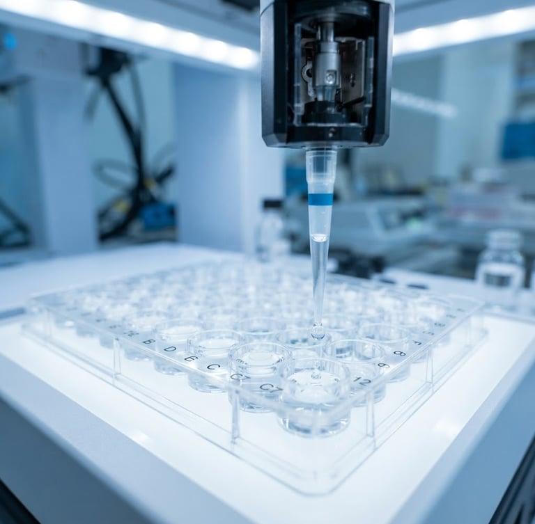 Macro photograph of a high-precision automated laboratory pipette dispensing clear liquid into a microplate, cool bright blue and white lighting, professional depth of field