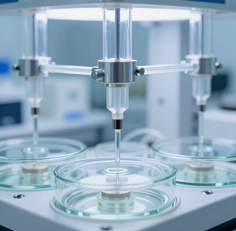 Macro photograph of a high-tech laboratory perfusion system, bright cool ambient blue and white lighting, sharp focus on glass chambers and microfluidic tubes, professional depth of field