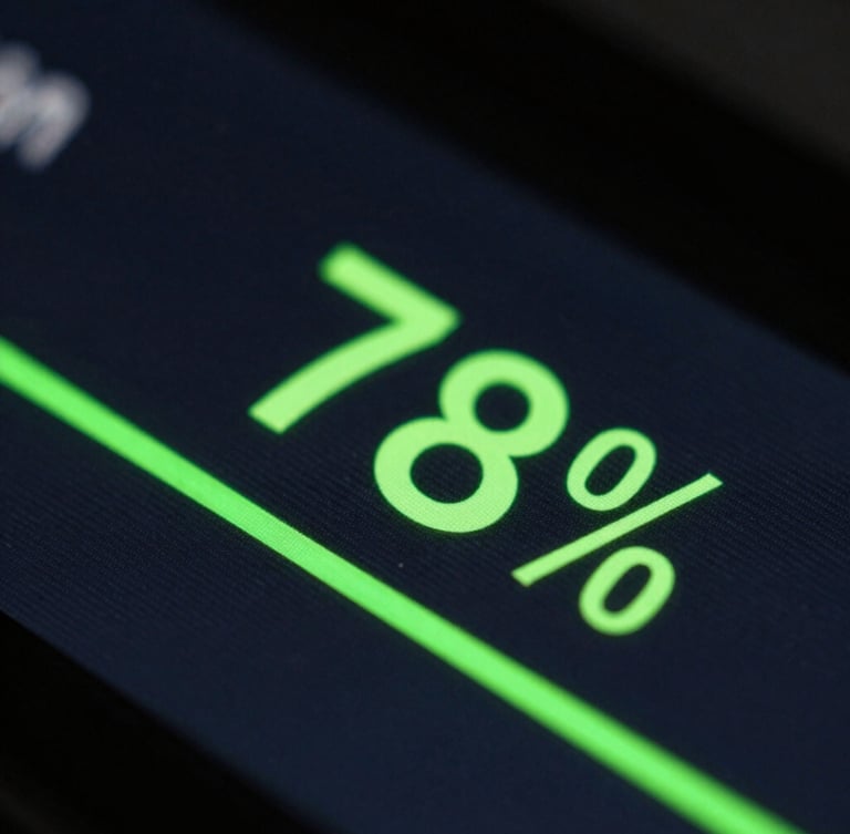 Macro close-up of a digital dashboard showing a 78% maturity index, glowing neon green indicator lines, dark slate background.