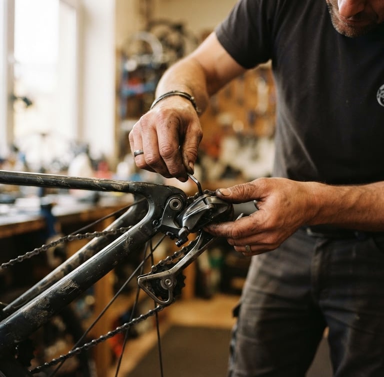 Candid close-up of a bike mechanic's grease-stained hands carefully adjusting a derailleur cage, warm natural workshop window light, 35mm film grain.