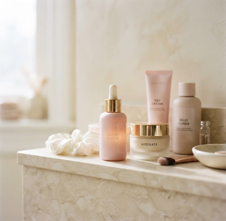 Soft-focus shelfie of pastel pink skincare products on a cream vanity, bright diffused morning sunlight, macro texture details, 35mm