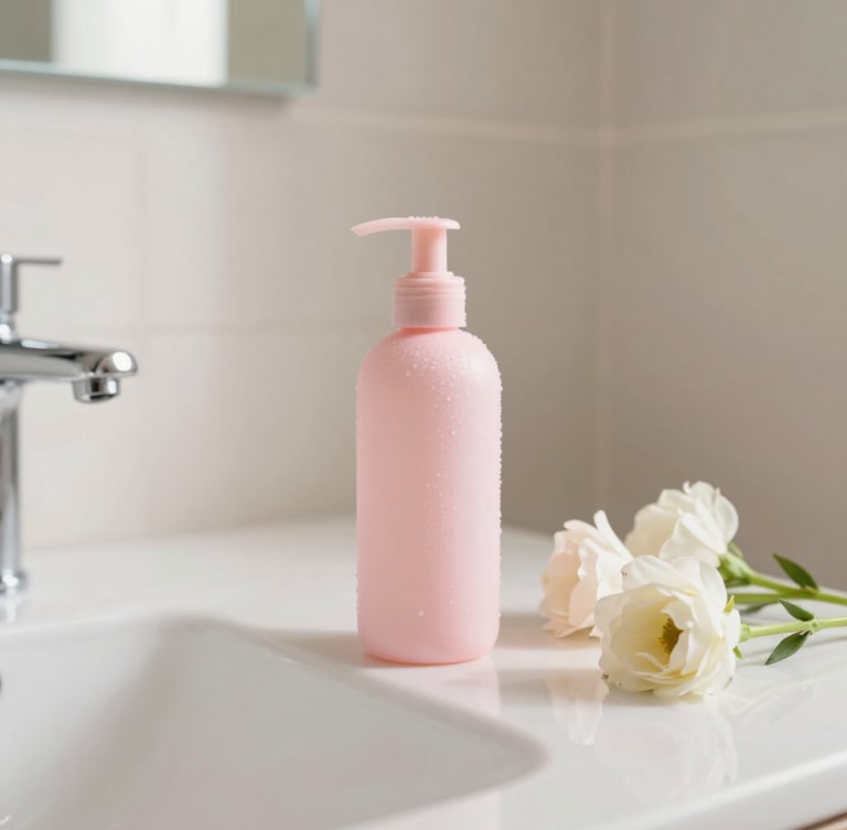 Portrait of a clean, minimalist bathroom vanity with a dewy pink skincare product and fresh flowers, soft morning light, pastel tones.